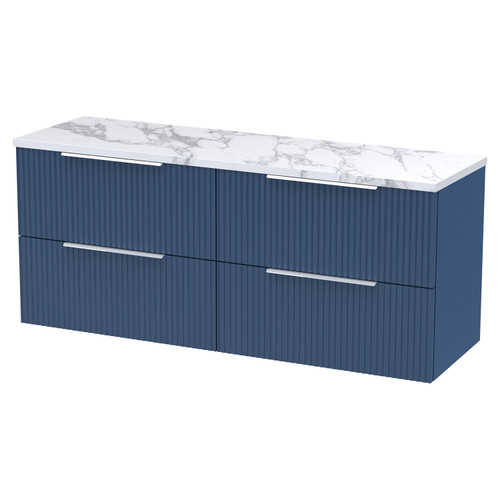 Hudson Reed Fluted Satin Blue 1200mm Wall Hung 4 Drawer Vanity Unit with Matt Carrera Marble Laminate Worktop - DFF393LCM2