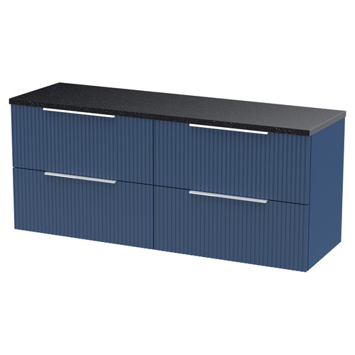 Hudson Reed Fluted Satin Blue 1200mm Wall Hung 4 Drawer Vanity Unit with Sparkling Black Worktop - DFF393LSB2