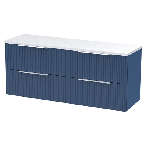Hudson Reed Fluted Satin Blue 1200mm Wall Hung 4 Drawer Vanity Unit with Sparkling White Worktop - DFF393LSW2