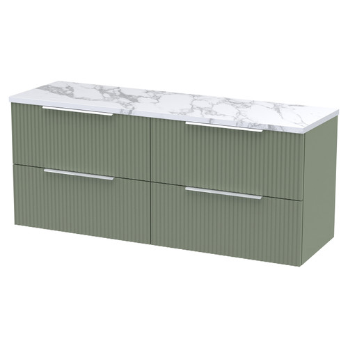 Hudson Reed Fluted Satin Green 1200mm Wall Hung 4 Drawer Vanity Unit with Matt Carrera Marble Laminate Worktop - DFF893LCM2