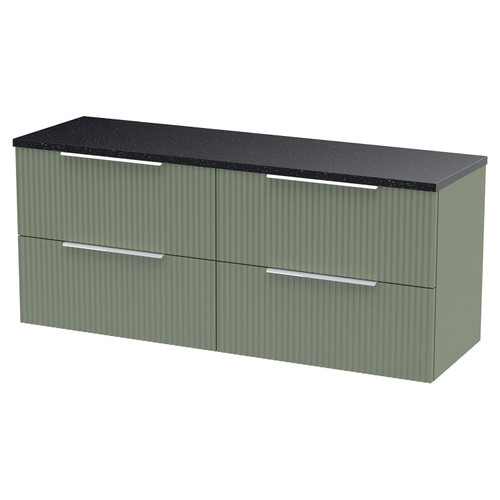 Hudson Reed Fluted Satin Green 1200mm Wall Hung 4 Drawer Vanity Unit with Sparkling Black Worktop - DFF893LSB2