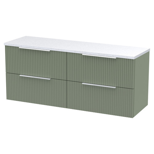 Hudson Reed Fluted Satin Green 1200mm Wall Hung 4 Drawer Vanity Unit with Sparkling White Worktop - DFF893LSW2
