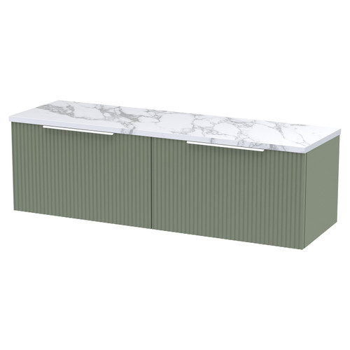 Hudson Reed Fluted Satin Green 1200mm Wall Hung 2 Drawer Vanity Unit with Matt Carrera Marble Laminate Worktop - DFF894LCM2