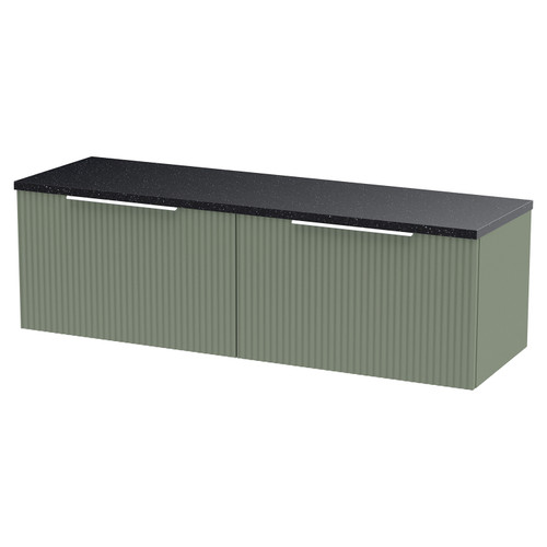 Hudson Reed Fluted Satin Green 1200mm Wall Hung 2 Drawer Vanity Unit with Sparkling Black Worktop - DFF894LSB2