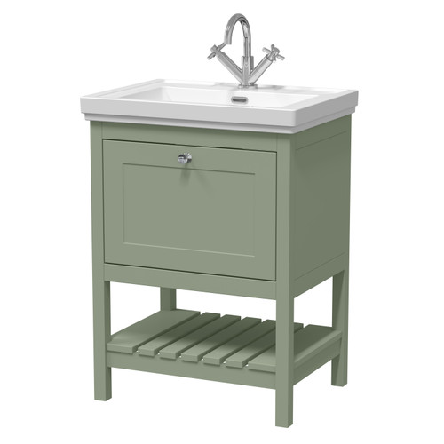 Hudson Reed Bexley Fern Green 600mm Floor Standing Single Drawer Vanity Unit and Classic Basin with 1 Tap Hole - BEX825A Main Image