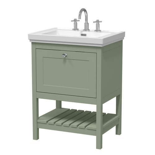 Hudson Reed Bexley Fern Green 600mm Floor Standing Single Drawer Vanity Unit and Classic Basin with 3 Tap Holes - BEX825B Main Image