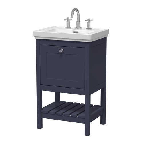 Hudson Reed Bexley Indigo Blue 500mm Floor Standing Single Drawer Vanity Unit and Classic Basin with 3 Tap Holes - BEX323B Main Image