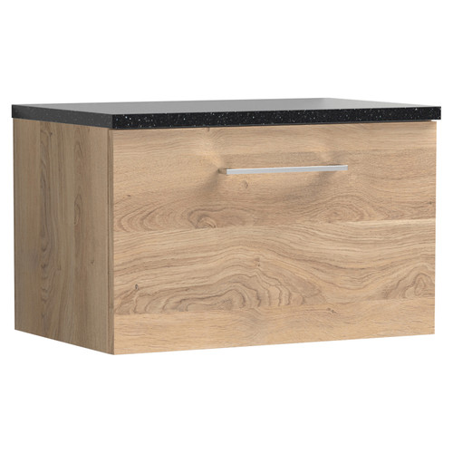 Nuie Arno Bleached Oak 600mm Wall Hung Single Drawer Vanity Unit with Sparkling Black Laminate Worktop - ARN3022LSB