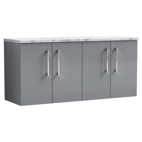 Nuie Arno Satin Grey 1200mm Wall Hung 4 Door Vanity Unit with Matt Carrera Marble Laminate Worktop - ARN2223LCM2