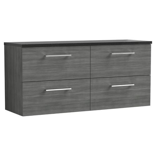 Nuie Arno Anthracite 1200mm Wall Hung 4 Drawer Vanity Unit with Sparkling Black Laminate Worktop - ARN524LSB2