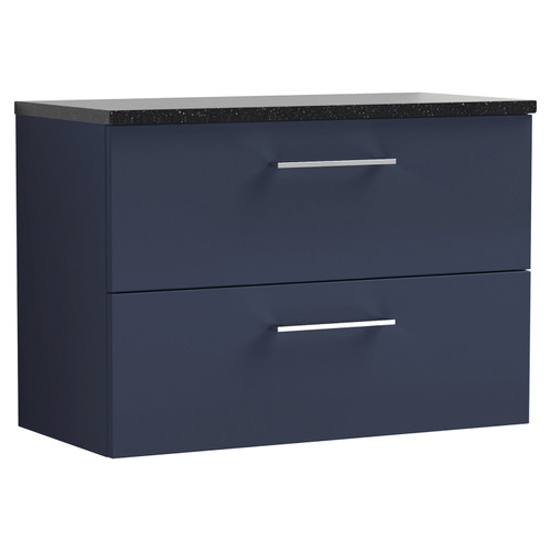 Nuie Arno Midnight Blue 800mm Wall Hung 2 Drawer Vanity Unit with Sparkling Black Laminate Worktop - ARN2926LSB