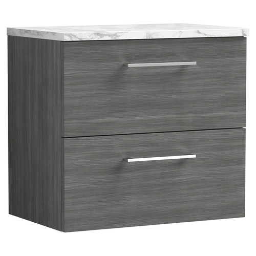 Nuie Arno Anthracite 600mm Wall Hung 2 Drawer Vanity Unit with Matt Carrera Marble Laminate Worktop - ARN524LCM