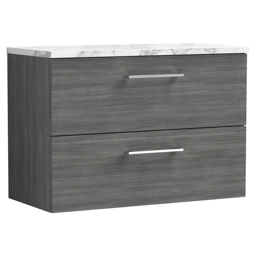 Nuie Arno Anthracite 800mm Wall Hung 2 Drawer Vanity Unit with Matt Carrera Marble Laminate Worktop - ARN526LCM