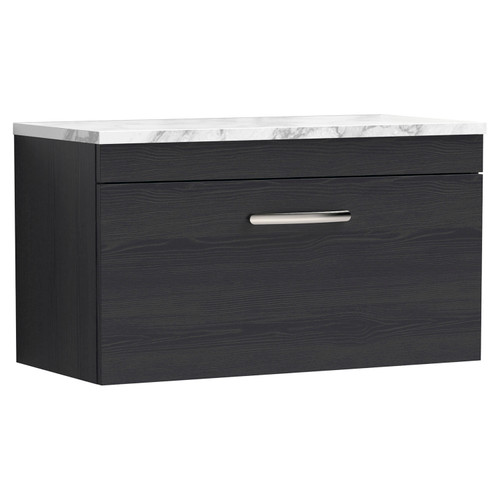Nuie Athena Charcoal Black 800mm Wall Hung Single Drawer Vanity Unit with Matt Carrera Marble Laminate Worktop - ATH061LCM