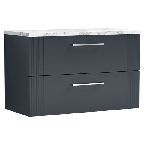 Nuie Deco Soft Black 800mm Wall Hung 2 Drawer Vanity Unit with Matt Carrera Marble Laminate Worktop - DPF1495LCM