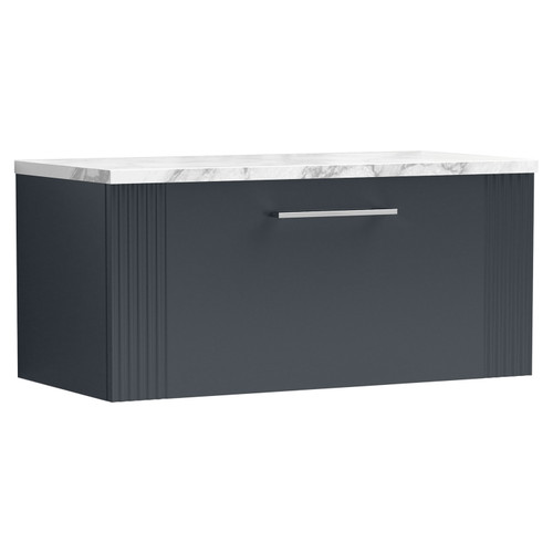 Nuie Deco Soft Black 800mm Wall Hung Single Drawer Vanity Unit with Matt Carrera Marble Laminate Worktop - DPF1496LCM