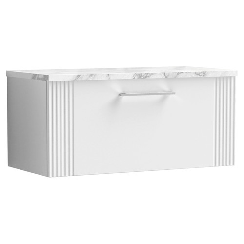 Nuie Deco Satin White 800mm Wall Hung Single Drawer Vanity Unit with Matt Carrera Marble Laminate Worktop - DPF196LCM
