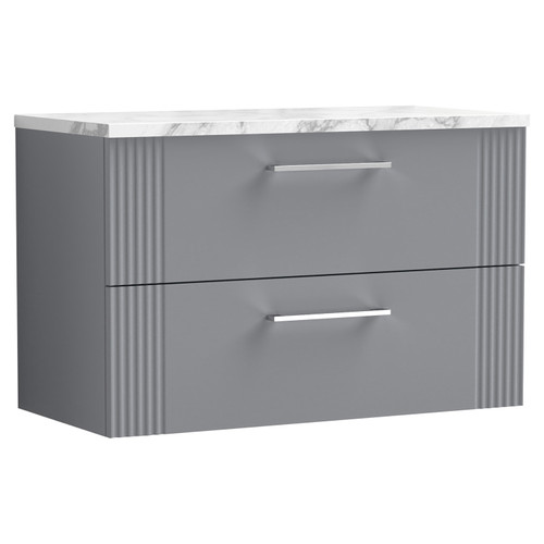 Nuie Deco Satin Grey 800mm Wall Hung 2 Drawer Vanity Unit with Matt Carrera Marble Laminate Worktop - DPF295LCM