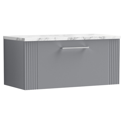 Nuie Deco Satin Grey 800mm Wall Hung Single Drawer Vanity Unit with Matt Carrera Marble Laminate Worktop - DPF296LCM