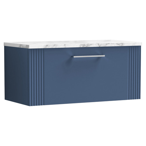 Nuie Deco Satin Blue 800mm Wall Hung Single Drawer Vanity Unit with Matt Carrera Marble Laminate Worktop - DPF396LCM