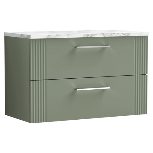 Nuie Deco Satin Green 800mm Wall Hung 2 Drawer Vanity Unit with Matt Carrera Marble Laminate Worktop - DPF895LCM