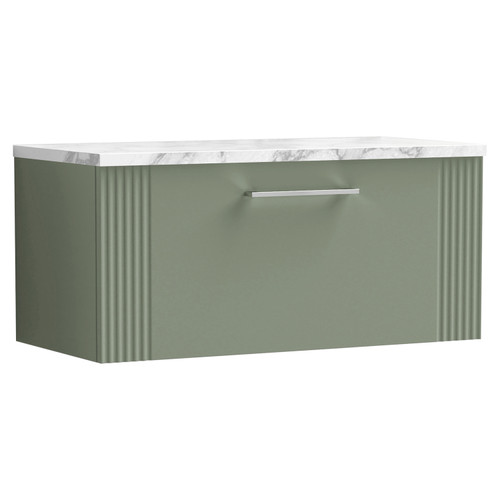 Nuie Deco Satin Green 800mm Wall Hung Single Drawer Vanity Unit with Matt Carrera Marble Laminate Worktop - DPF896LCM