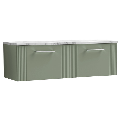 Nuie Deco Satin Green 1200mm Wall Hung 2 Drawer Vanity Unit with Matt Carrera Marble Laminate Worktop - DPF894LCM2