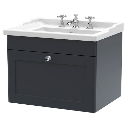 Nuie Classique Soft Black 600mm Single Drawer Wall Hung Vanity Unit and 35mm Profile Traditional Basin with 3 Tap Holes - CLC1494G
