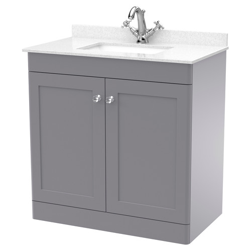 Nuie Classique Satin Grey 800mm 2 Door Floor Standing Vanity Unit and White Marble Top with Square Basin and 1 Tap Hole - CLC226WS1