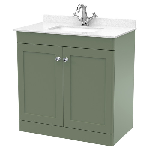 Nuie Classique Satin Green 800mm 2 Door Floor Standing Vanity Unit and White Marble Top with Square Basin and 1 Tap Hole - CLC826WS1