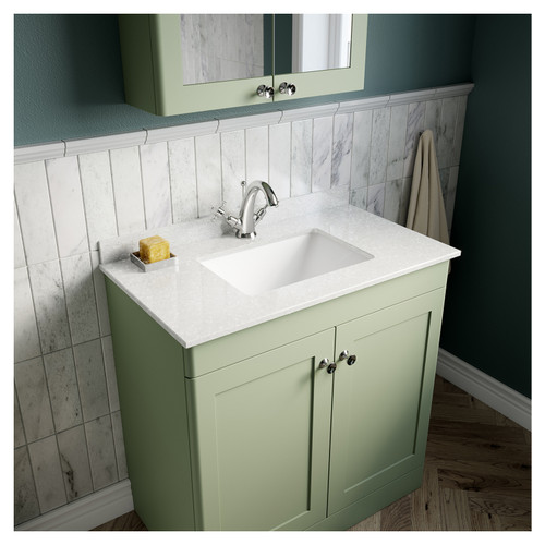 Nuie Classique Satin Green 800mm 2 Door Floor Standing Vanity Unit and White Marble Top with Square Basin and 1 Tap Hole Lifestyle