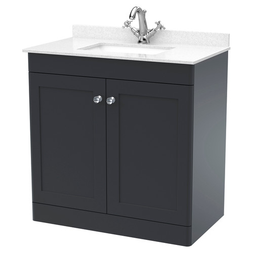 Nuie Classique Soft Black 800mm 2 Door Floor Standing Vanity Unit and White Marble Top with Square Basin and 1 Tap Hole - CLC1426WS1