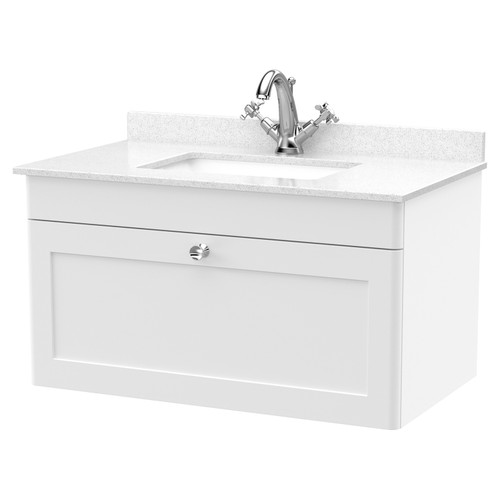 Nuie Classique Satin White 800mm Single Drawer Wall Hung Vanity Unit and White Marble Top with Square Basin and 1 Tap Hole - CLC196WS1