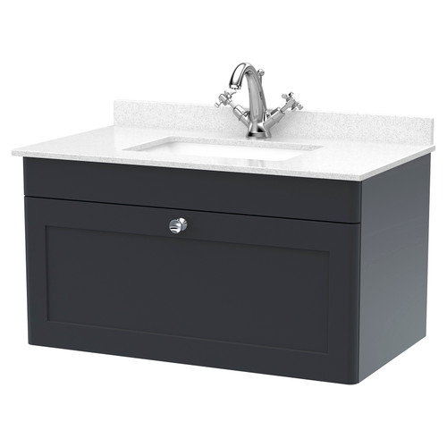 Nuie Classique Soft Black 800mm Single Drawer Wall Hung Vanity Unit and White Marble Top with Square Basin and 1 Tap Hole - CLC1496WS1