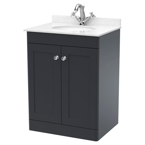 Nuie Classique Soft Black 600mm 2 Door Floor Standing Vanity Unit and White Marble Top with Round Basin and 1 Tap Hole - CLC1425WR1