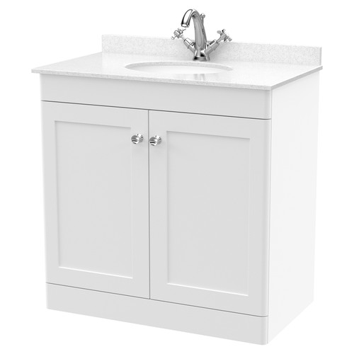 Nuie Classique Satin White 800mm 2 Door Floor Standing Vanity Unit and White Marble Top with Round Basin and 1 Tap Hole - CLC126WR1