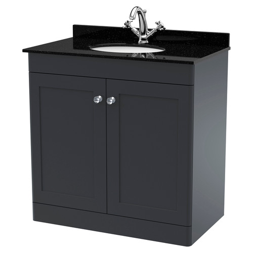Nuie Classique Soft Black 800mm 2 Door Floor Standing Vanity Unit and Black Marble Top with Round Basin and 1 Tap Hole - CLC1426BR1