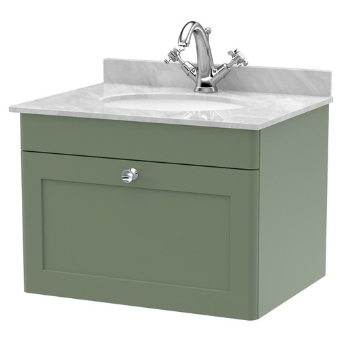 Nuie Classique Satin Green 600mm Single Drawer Wall Hung Vanity Unit and Grey Marble Top with Round Basin and 1 Tap Hole - CLC894GR1