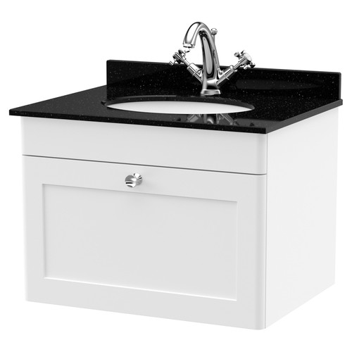Nuie Classique Satin White 600mm Single Drawer Wall Hung Vanity Unit and Black Marble Top with Round Basin and 1 Tap Hole - CLC194BR1