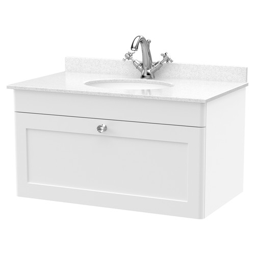 Nuie Classique Satin White 800mm Single Drawer Wall Hung Vanity Unit and White Marble Top with Round Basin and 1 Tap Hole - CLC196WR1