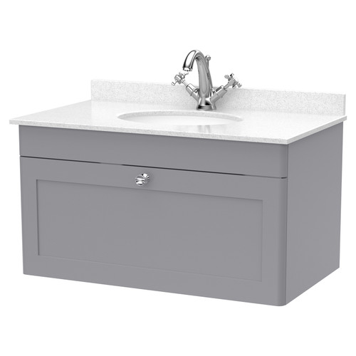 Nuie Classique Satin Grey 800mm Single Drawer Wall Hung Vanity Unit and White Marble Top with Round Basin and 1 Tap Hole - CLC296WR1