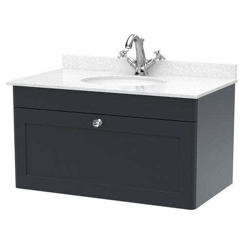 Nuie Classique Soft Black 800mm Single Drawer Wall Hung Vanity Unit and White Marble Top with Round Basin and 1 Tap Hole - CLC1496WR1