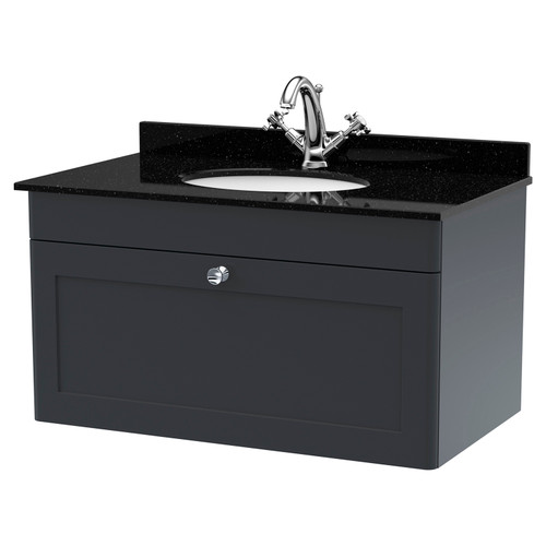 Nuie Classique Soft Black 800mm Single Drawer Wall Hung Vanity Unit and Black Marble Top with Round Basin and 1 Tap Hole - CLC1496BR1