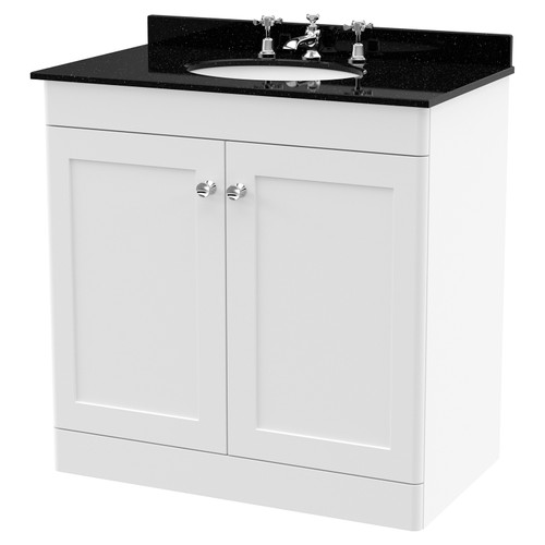 Nuie Classique Satin White 800mm 2 Door Floor Standing Vanity Unit and Black Marble Top with Round Basin and 3 Tap Holes - CLC126BR3