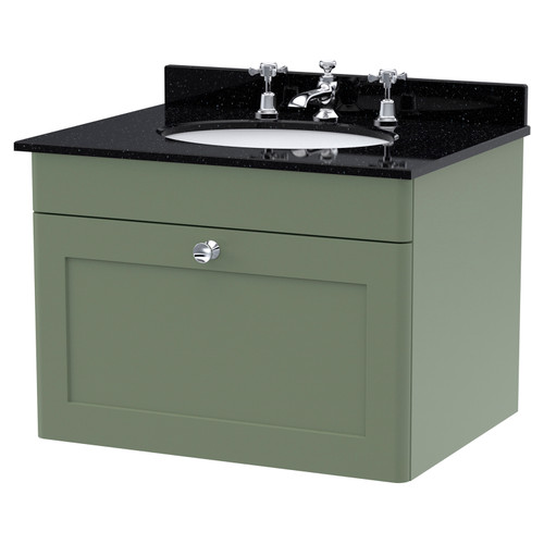 Nuie Classique Satin Green 600mm Single Drawer Wall Hung Vanity Unit and Black Marble Top with Round Basin and 3 Tap Holes - CLC894BR3