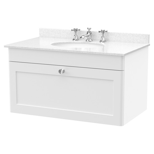 Nuie Classique Satin White 800mm Single Drawer Wall Hung Vanity Unit and White Marble Top with Round Basin and 3 Tap Holes - CLC196WR3