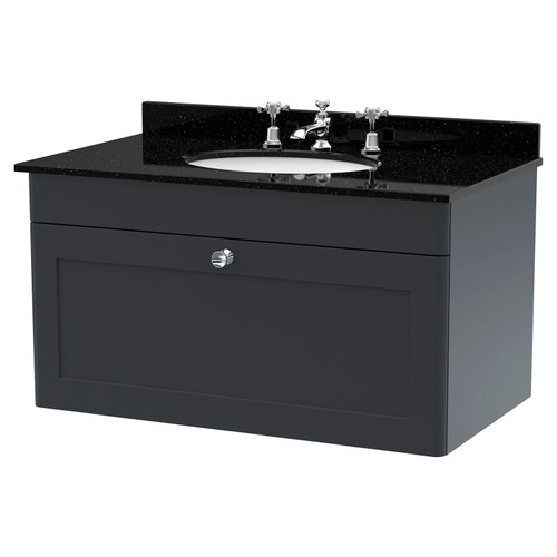 Nuie Classique Soft Black 800mm Single Drawer Wall Hung Vanity Unit and Black Marble Top with Round Basin and 3 Tap Holes - CLC1496BR3