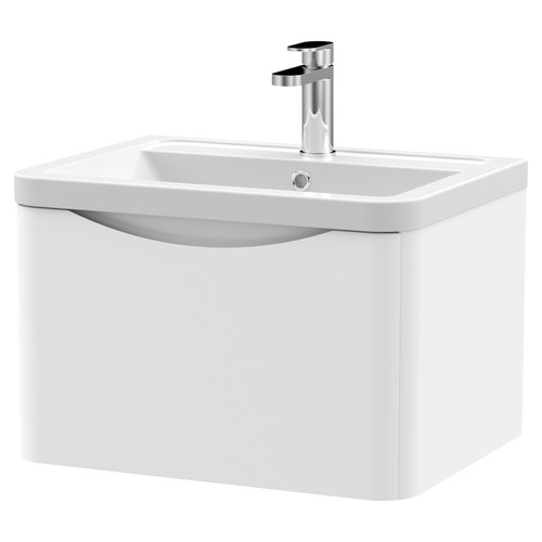 Nuie Lunar Satin White 600mm Single Drawer Wall Hung Vanity Unit and Ceramic Basin with 1 Tap Hole - LUN105A