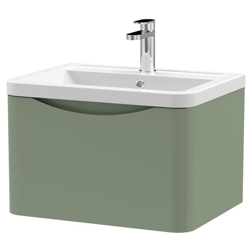 Nuie Lunar Satin Green 600mm Single Drawer Wall Hung Vanity Unit and Ceramic Basin with 1 Tap Hole - LUN805A