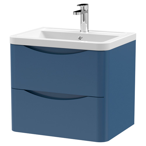 Nuie Lunar Satin Blue 600mm 2 Drawer Wall Hung Vanity Unit and Ceramic Basin with 1 Tap Hole - LUN302A